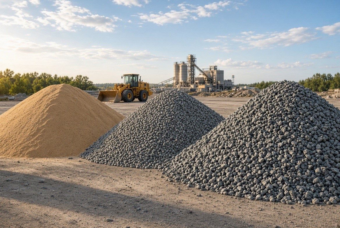 Loader working sand and aggregate stockpiles at a concrete materials yard