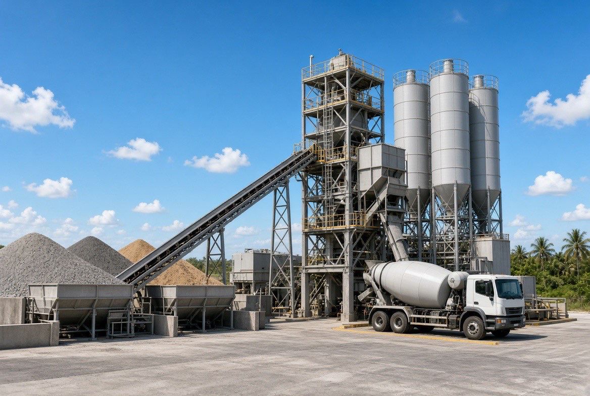 Concrete batching plant with silos, aggregate bins, and a mixer truck