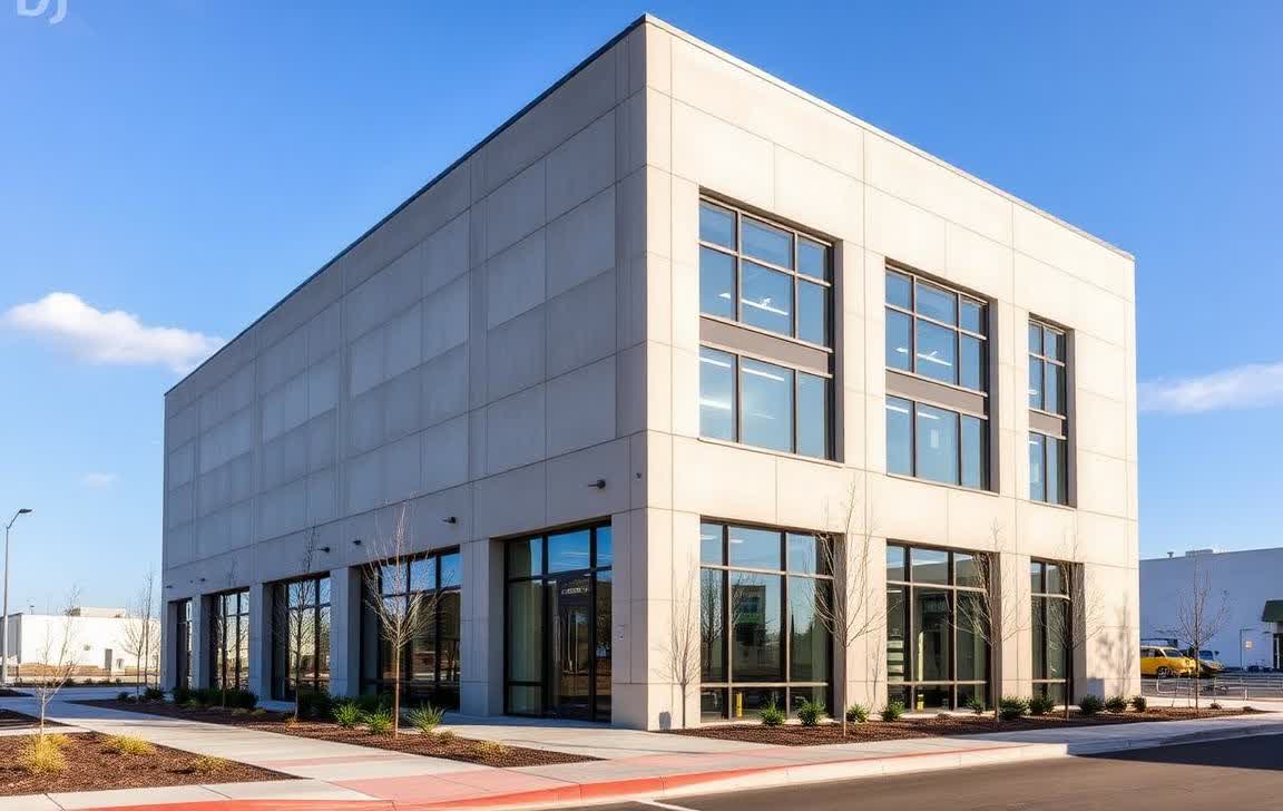 Completed modern concrete commercial building with landscaped streetscape