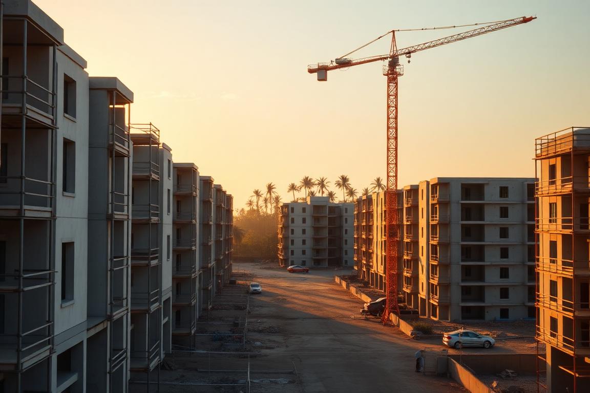 Concrete-frame residential community under construction with a tower crane