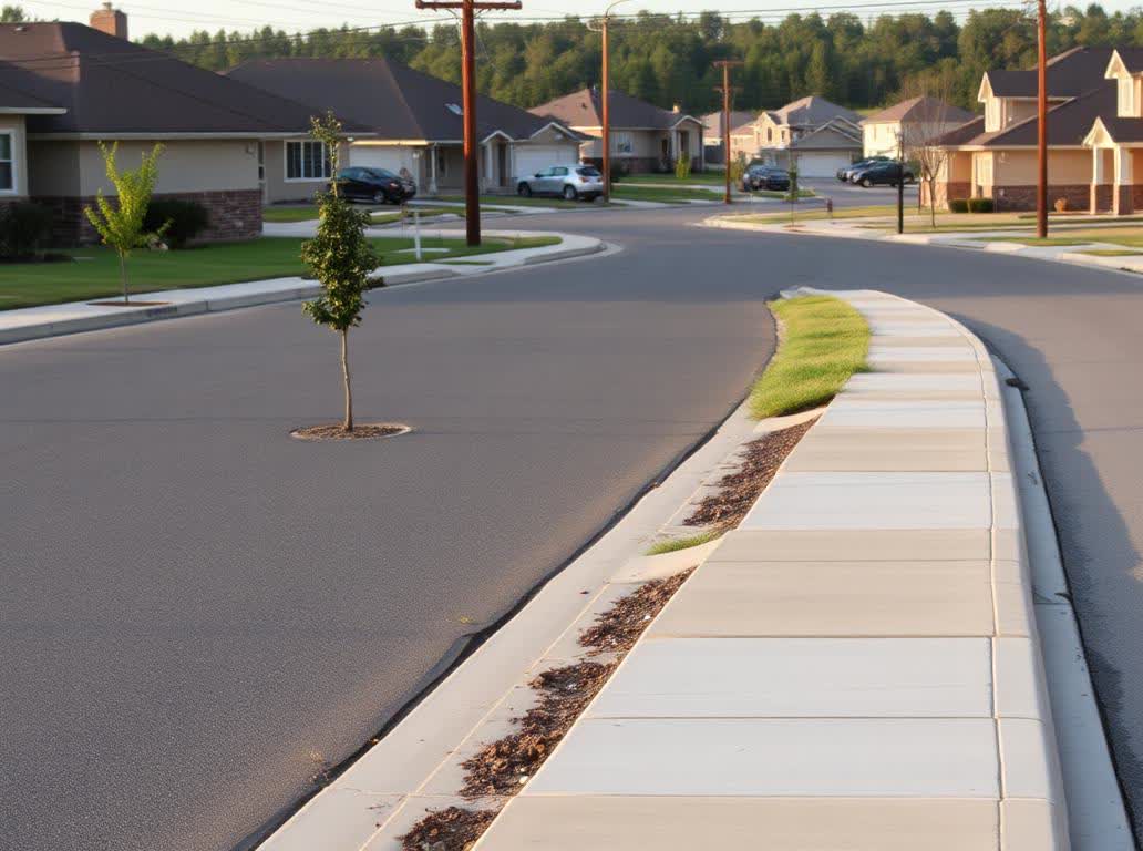 Finished neighborhood street with new concrete sidewalks, curbs, and homes