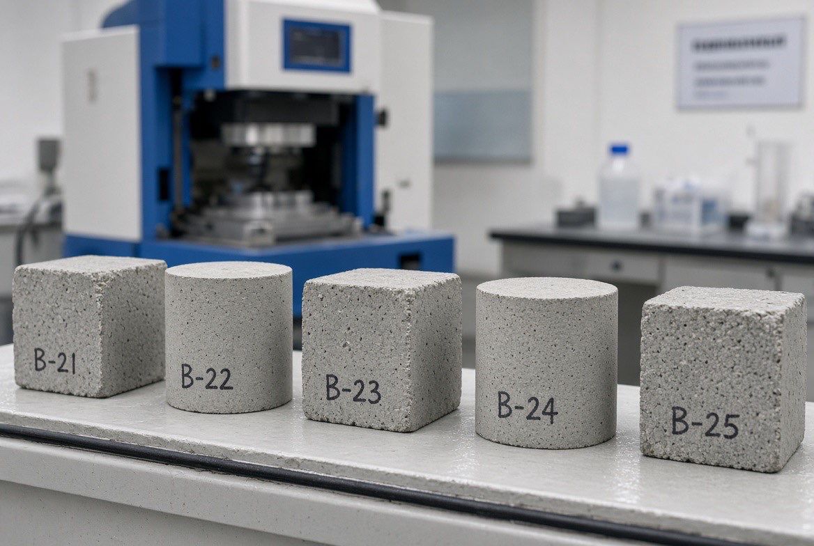 Labelled concrete cube and cylinder samples beside a compression testing machine