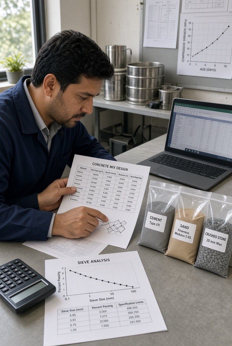 Engineer reviewing concrete mix design documents beside cement, sand, and stone samples