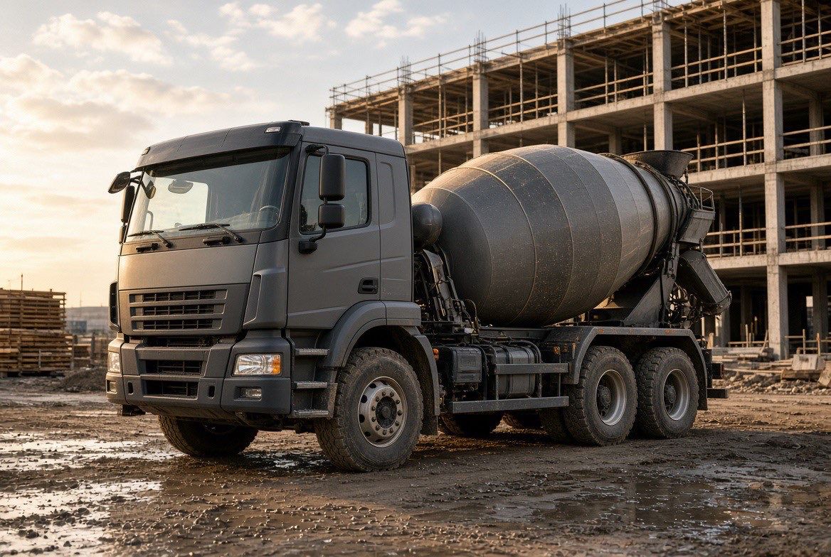 Concrete mixer truck on site in front of a reinforced concrete frame building