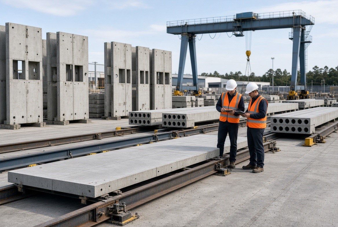 Engineers inspecting precast concrete panels and hollow-core planks in a casting yard