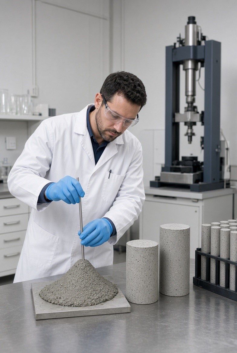 Technician performing a slump test beside concrete cylinder samples in a laboratory