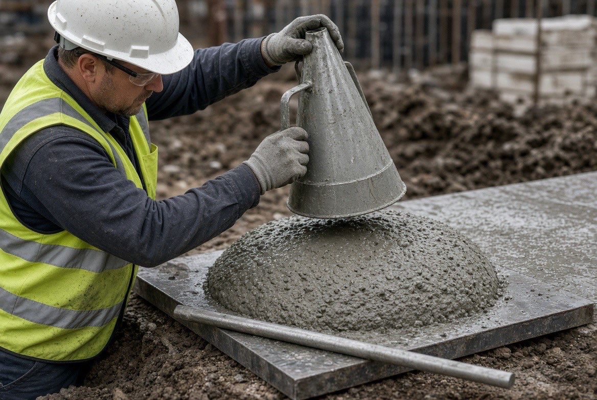 Site engineer performing a concrete slump test to verify workability